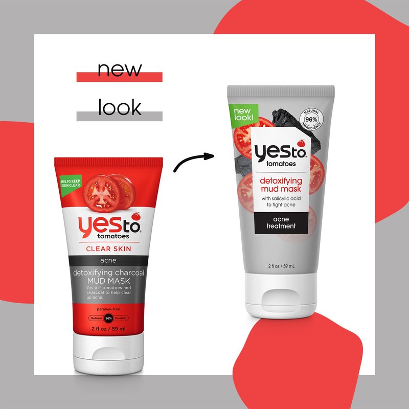 Yes To Tomatoes Clear Skin Detoxifying Charcoal Mud Mask For Acne Prone Skin Draw Out Impurities And Prevent Breakouts Contains Salicylic Acid 96 Natural Ingredients, Red, Tomato, 2.006 Fl (Pack of 2)