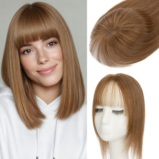 Rich Choices Hair Toppers for Women Real Human Hair 360°3D Clip in Bangs Remy Hairs Toppers With Bang Hairpieces for Women with Thinning Crown Wispy Clip in Topper 10 Inch With Bang-#6 Light Brown