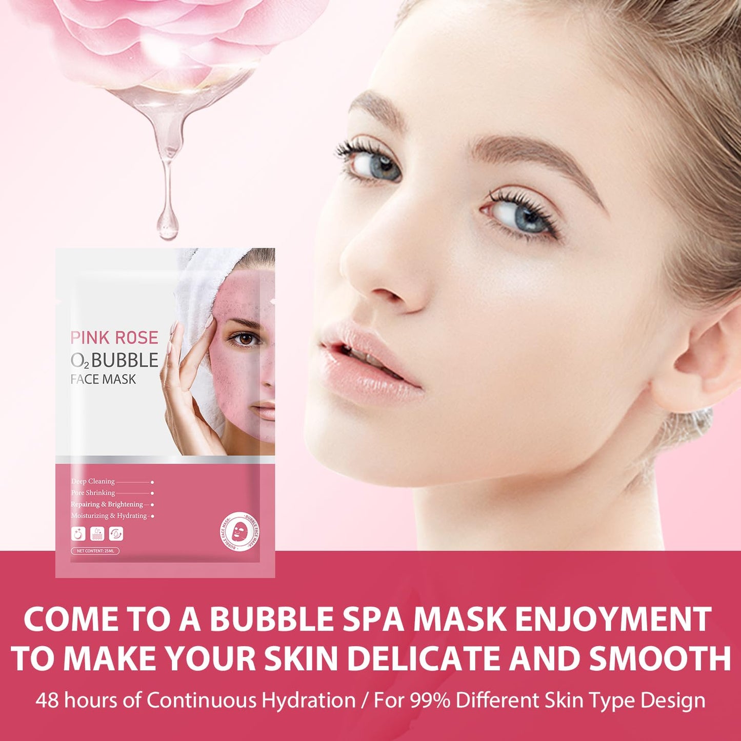 IREV Pack of 10 Pink Rose O2 Bubble Face Masks Skincare, Spa Presents for Women, Bubble Face Sheet Mask Cleaner Foaming Purifying Facial Mask for Acne and Pores Moisturizing Beauty Sheet Masks