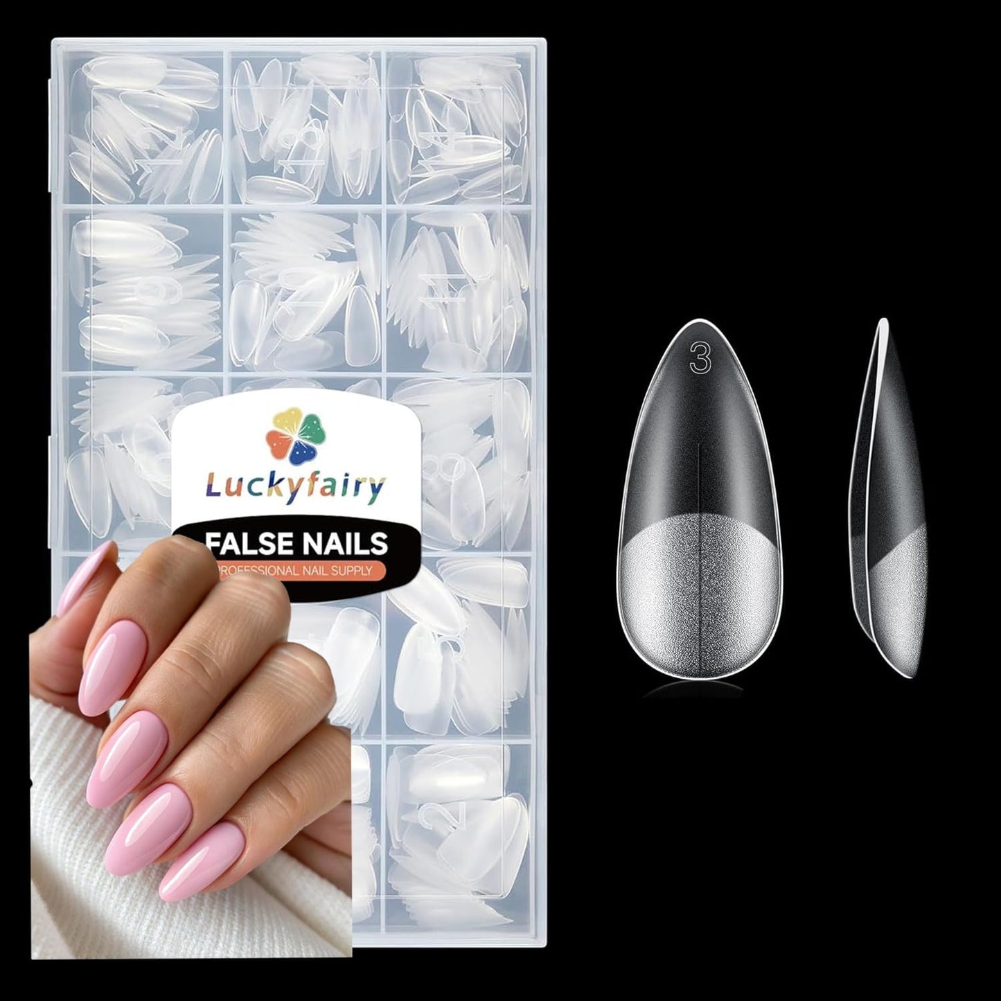 Luckyfairy Almond Gel Nail Tips, 504pcs Double-sided Matte Full Fake Nails, 15 Sizes Soft Pre-buff Full Cover Acrylic False Nails Press On Nail for Extensions DIY Salon