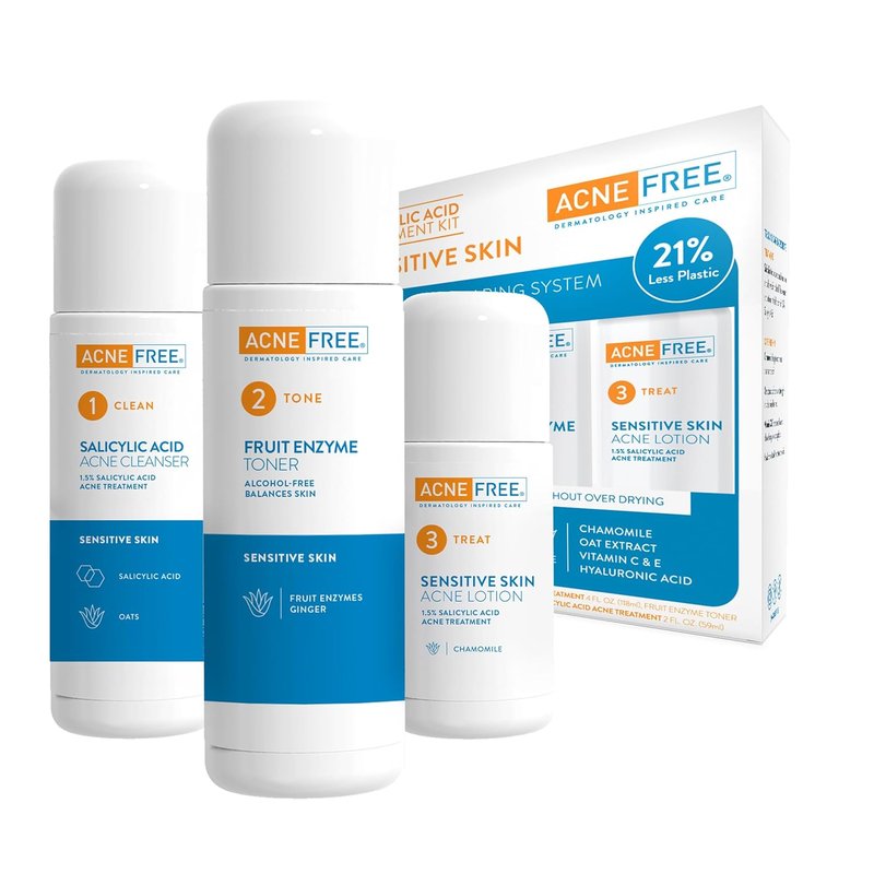 AcneFree 24Hr Acne Clearing System | 3-Step Kit with 1.5% Salicylic Acid for Sensitive Skin - Gentle Cleanser, Toner & Lotion