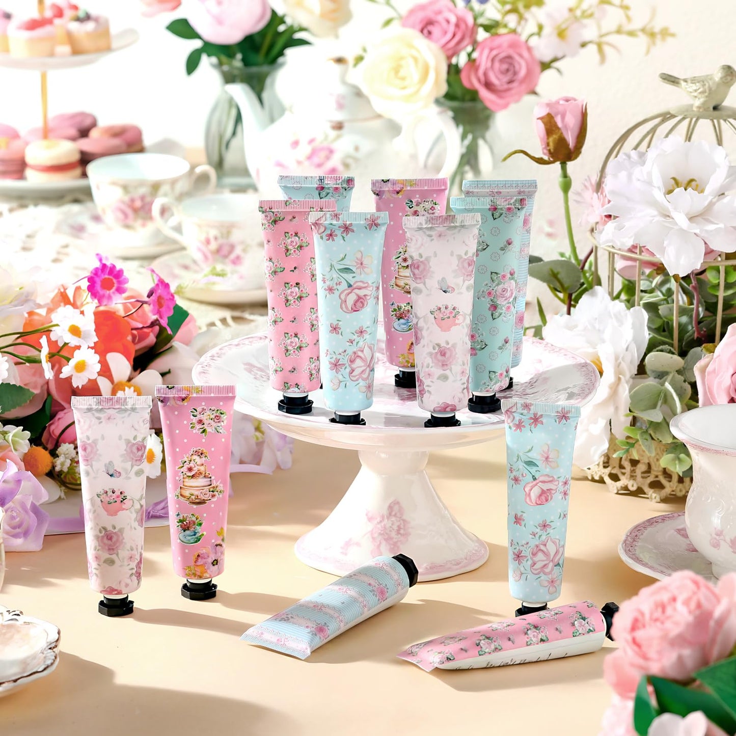 Swiffen Tea Party Hand Cream Gift Set Wonderland Floral Tea Party Favor Flower Moisturizing Hand Lotion Bulk Dry Cracked Care Cream Teapot Favor Boxes Treat Gift Goodie for Baby Shower, 20 ml(24 Pcs)