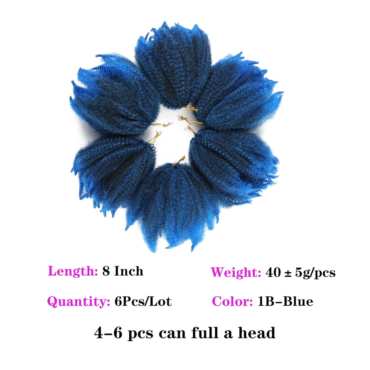 Marley Braiding Hair - 8-Inch Short Afro Kinky Twist Crochet Braids | Ombre Synthetic Fiber Extensions (1B-Blue)