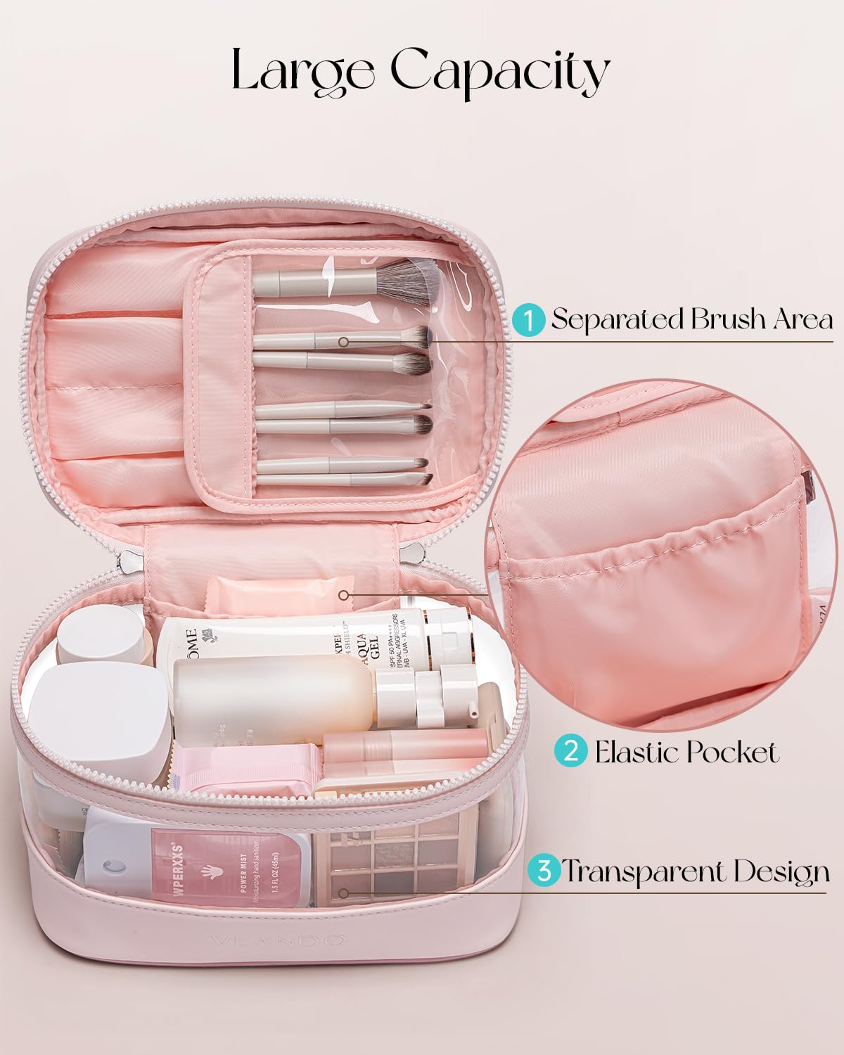 VLANDO Travel Makeup Bag, Large Travel Toiletry Bag for Women Girl, Waterproof Cute Cosmetic Bag with Handle, Clear Make up Bag for Cosmetic, Brushes, Skincare-Apricot Pink