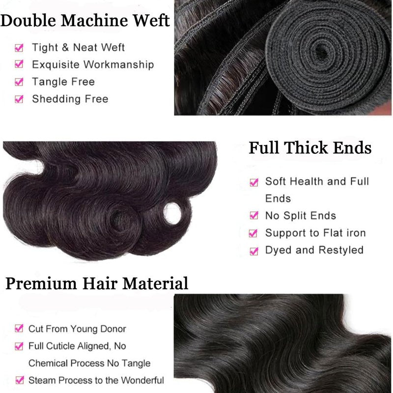 Body Wave Bundles - Unprocessed Brazilian Virgin Human Hair Weave Extensions | Natural Black, 14-Inch (3 Bundles)
