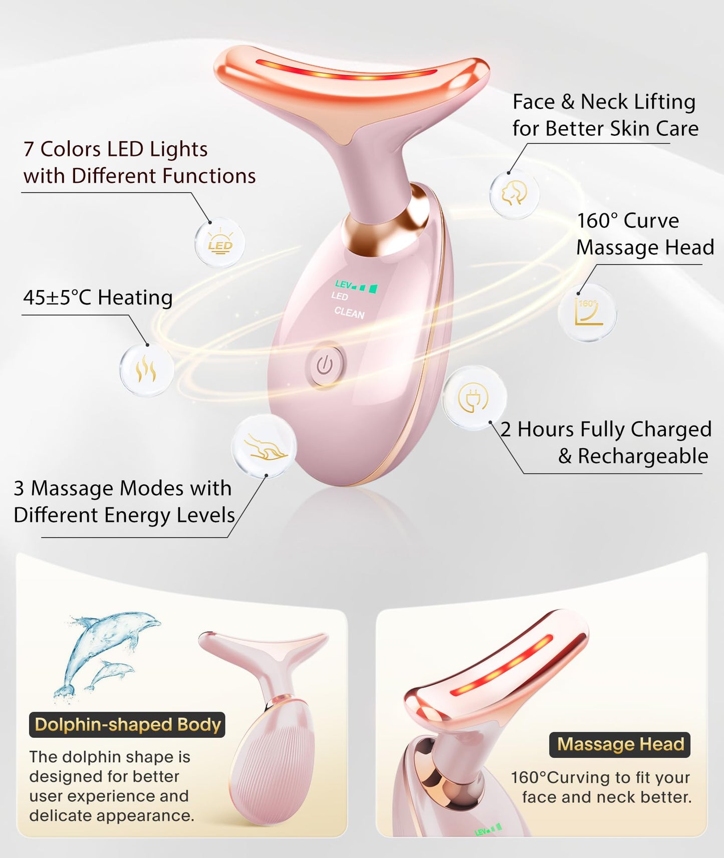ELISHINE Light Based Face-Neck-Massager - 7 Color Portable Facial Massager for Skin Care, Glossy Pink