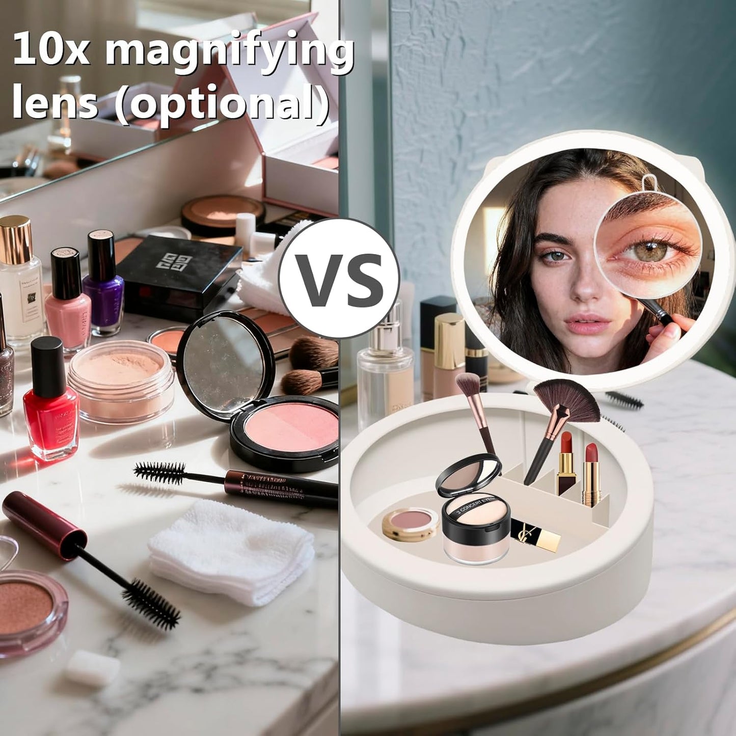 LED Makeup Mirror - 10X/1X Magnifying Vanity Mirror with 66 LEDs | 3 Lighting Modes & Storage (White)