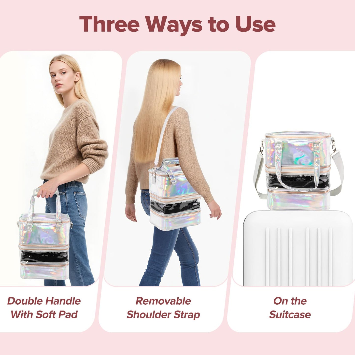 Nail Polish Organizer Case, 3 Layers Removable Nail Polish Storage Bag Holds 60 Bottles and Nail Lamp with Shoulder Strap Portable Holographic PU Leather Nail Kit Storage for Manicure Tools (Silver)