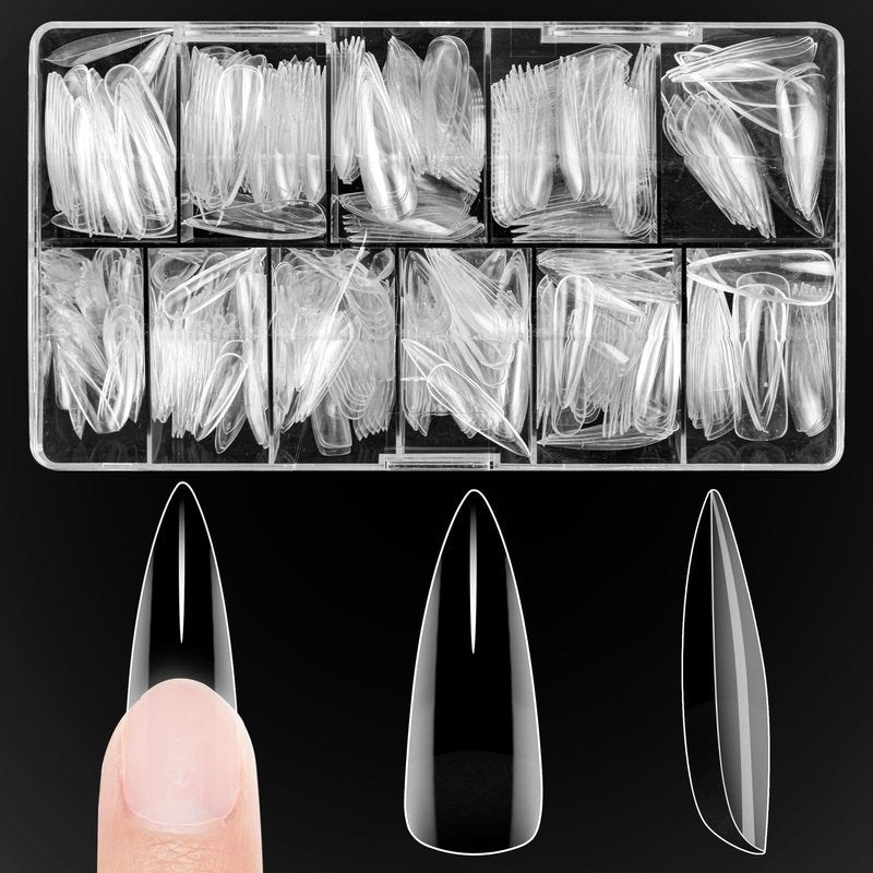 DAZHICN 500 PCS Stiletto Nail Tips, 10 Sizes Full Cover, Long Nail Tips for Nail Extension, Pre Shaped for DIY Salon (Clear Stiletto-500 PCS)