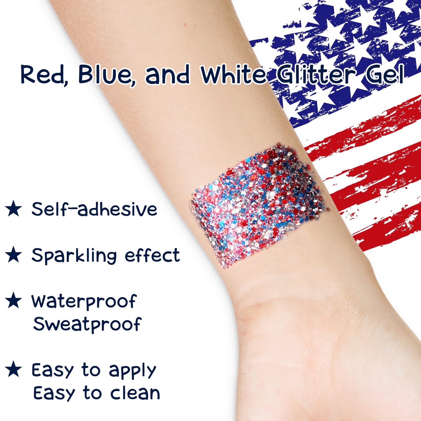 Patriotic Body Glitter Stick, Waterproof Face Glitter Gel, Chunky Glitter Face Paint, 4th of July Red White Blue Sequin Hair Glitter Makeup for American Pride USA Flag Makeup for Independence Day