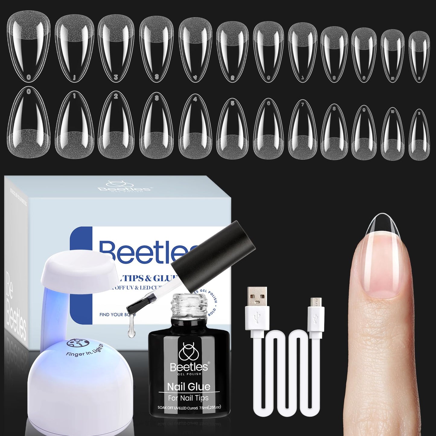 Beetles Gel Nail Kit Etch-X, Almond Short, 504pcs 12 Sizes Nail Tips, with 9 in 1 Nail Glue Mini LED Light, Acrylic Half Matte Tips Press On Nail, Extension DIY Set at Home, Gift for Women & Girls