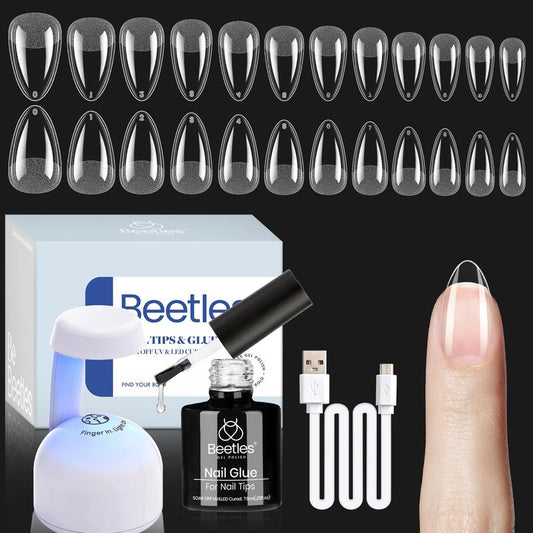 Beetles Gel Nail Kit Etch-X, Almond Short, 504pcs 12 Sizes Nail Tips, with 9 in 1 Nail Glue Mini LED Light, Acrylic Half Matte Tips Press On Nail, Extension DIY Set at Home, Gift for Women & Girls
