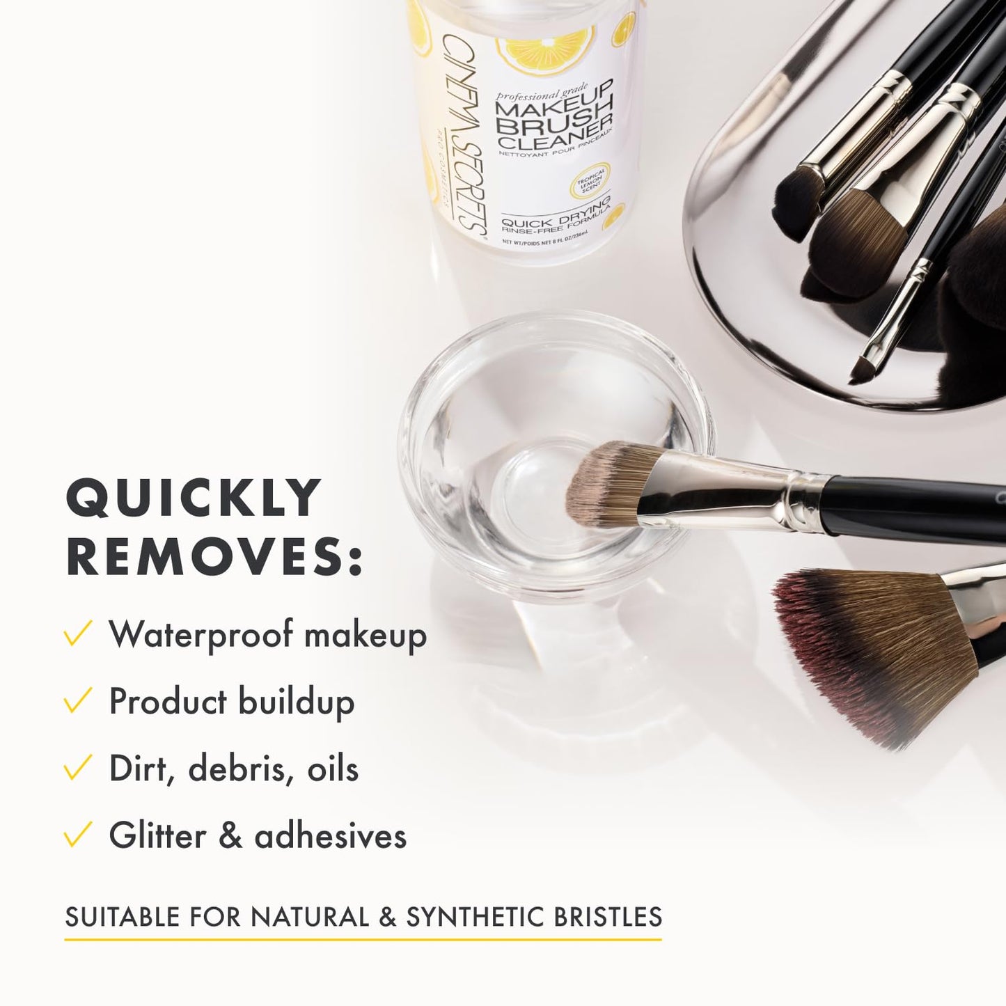 Makeup Brush Cleaner Solution | Quick-Drying, Rinse-Free Formula - Removes Waterproof Makeup - Lemon Scent