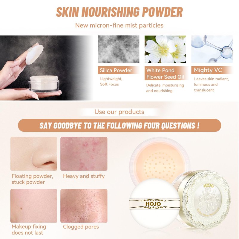 YiGuMy Mineral Loose Setting Powder, 21g, Translucent Face Makeup for Oily Skin, Lightweight Natural Glow, Skincare with Flower Seed Oil, Matte Finish (03 LightSkin, HOJO)
