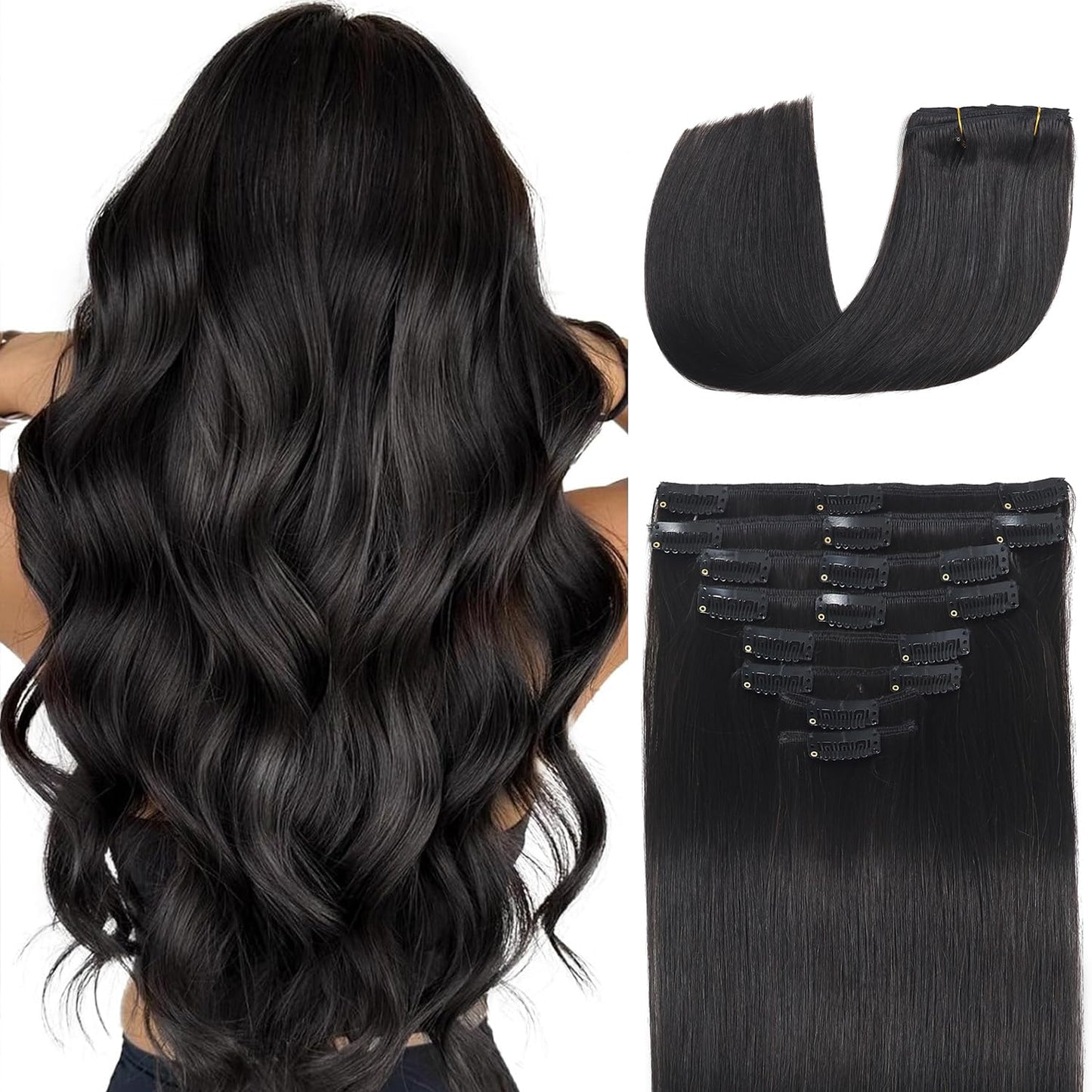 Clip in Hair Extensions Real Human Hair 16 inch 90g/3.2oz Straight Seamless Invisible Human hair Extensions Clip ins for Women Double Weft 8pcs #1B-Natural Black