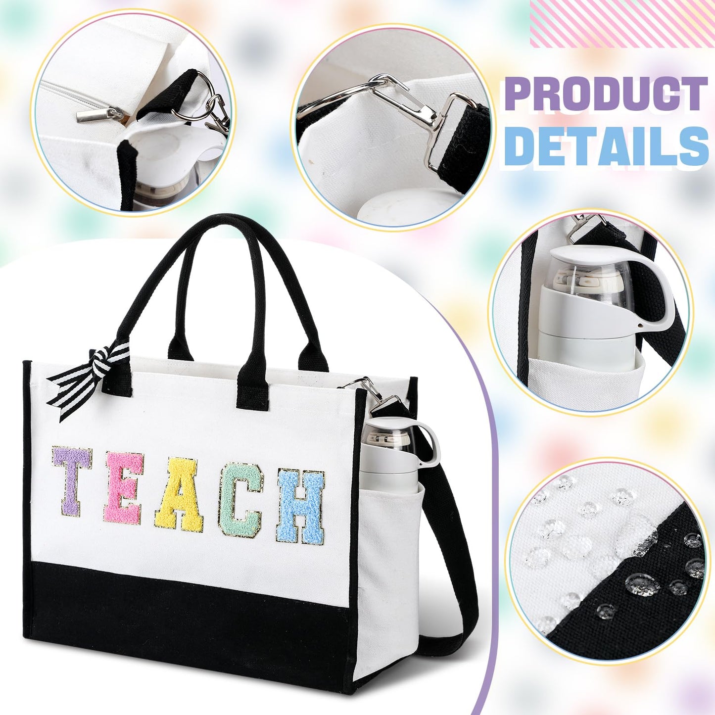 Abbylike 2 Pcs Teacher Appreciation Gifts for Women Canvas Chenille Letter Tote Bag with Makeup Bag Reusable Thank You Teacher Tote Gift for End of Year Graduation Birthday Teacher's Day Party Favor