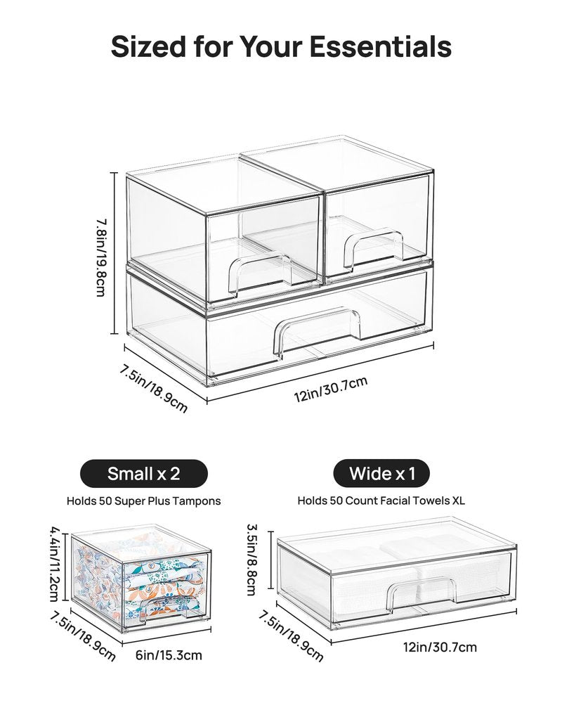 Vtopmart Stackable Storage Drawers Set of 3,Clear Plastic Organizer Bins for Makeup, Cosmetics, Beauty Supplies,Ideal for Vanity, Bathroom,Cabinet,Pantry Organization