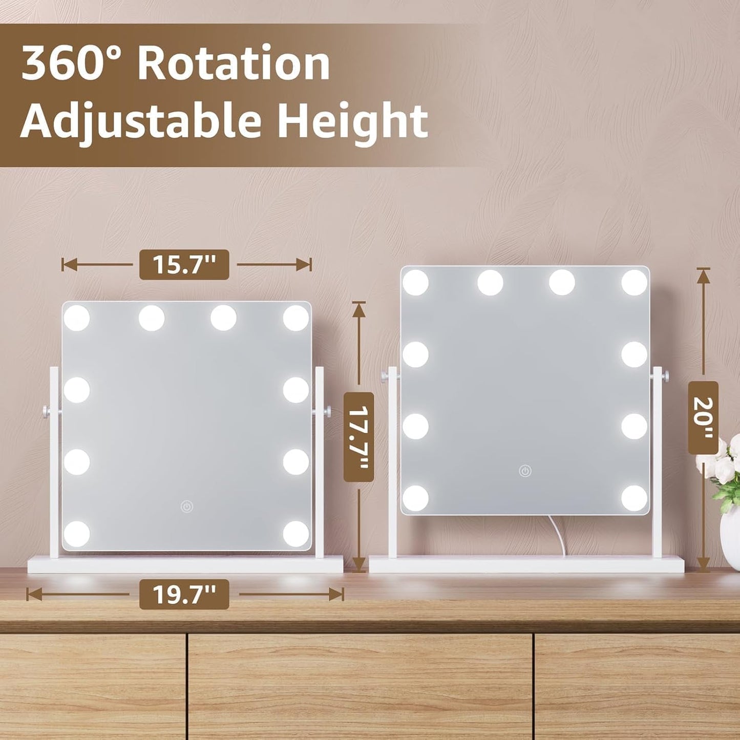 Hollywood Makeup Vanity Mirror with Lights - Adjustable Height, 3-Color Dimmable Lighting, 360° Rotation | 15.7" Size