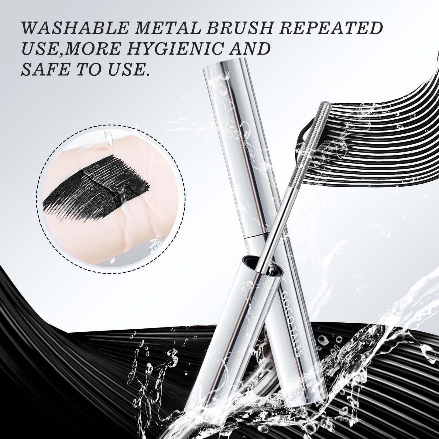 Black Washable Metal Mascara Wand, Waterproof Iron Wand Mascara for Thin Short Sparse Lashes, Natural Length Slim Volume Buildable Formula, Separated Lashes, Long Lasting Smudge-Proof No Flaking Tint
