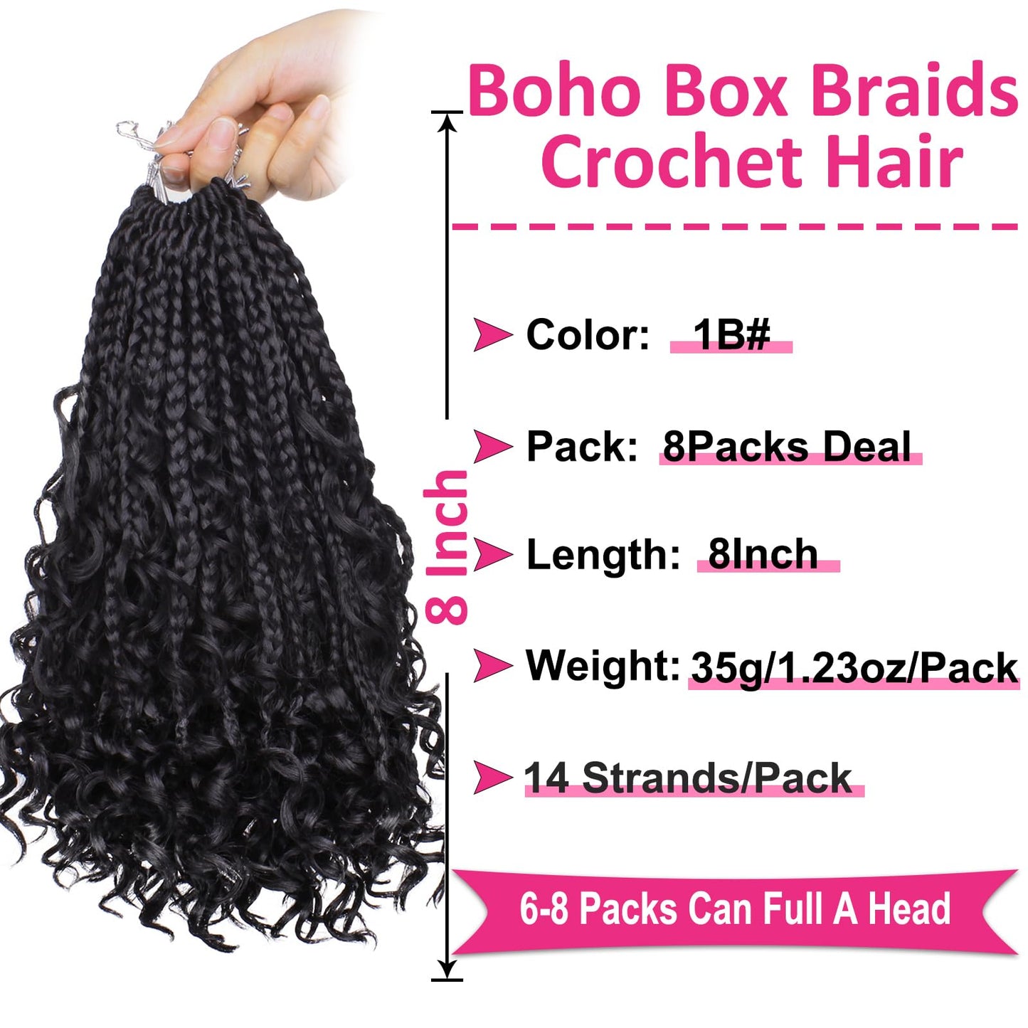 Unionbeauty Boho Box Braids Crochet Hair 22 Inch Black Goddess Box Braids Crochet Hair Curly Ends 8 Packs Bohemian Box Braids Crochet Box Braids Synthetic Braiding Hair Extension for Black Woman 1B#