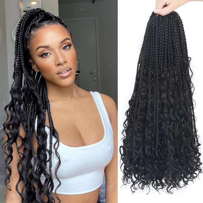 Goddess Box Braids Crochet Hair With Curly Ends 20 Inch Bohomian Box Braids Crochet Braids 8 Packs 3X Crochet Braids Synthetic Braiding Hair Extension for Black Women (20 Inch (Pack of 8), 1B)…