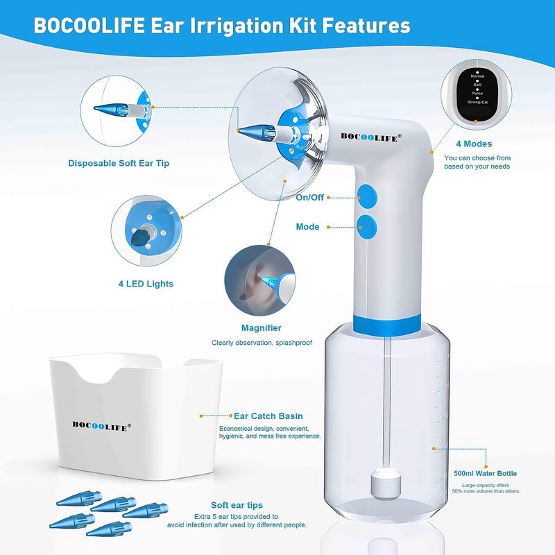 BOCOOLIFE Electric Ear Wax Removal Kit – Water Flushing Irrigation System Ears Flush Cleaner Powered Cleaning 4 Pressure Settings, Safe & Effective Ear Cleaning for Adults, Includes 5 Tips