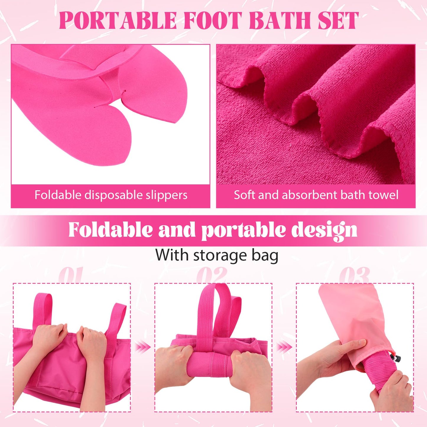 FillTouch 6 Sets Foldable Foot Bath Kit 15L Collapsible Foot Soaking Tub Bathroom Towels Women Adult Foldable Slippers with Storage Bag Spa Soak Pedicure Bath for Travel Camping(Rose Red)