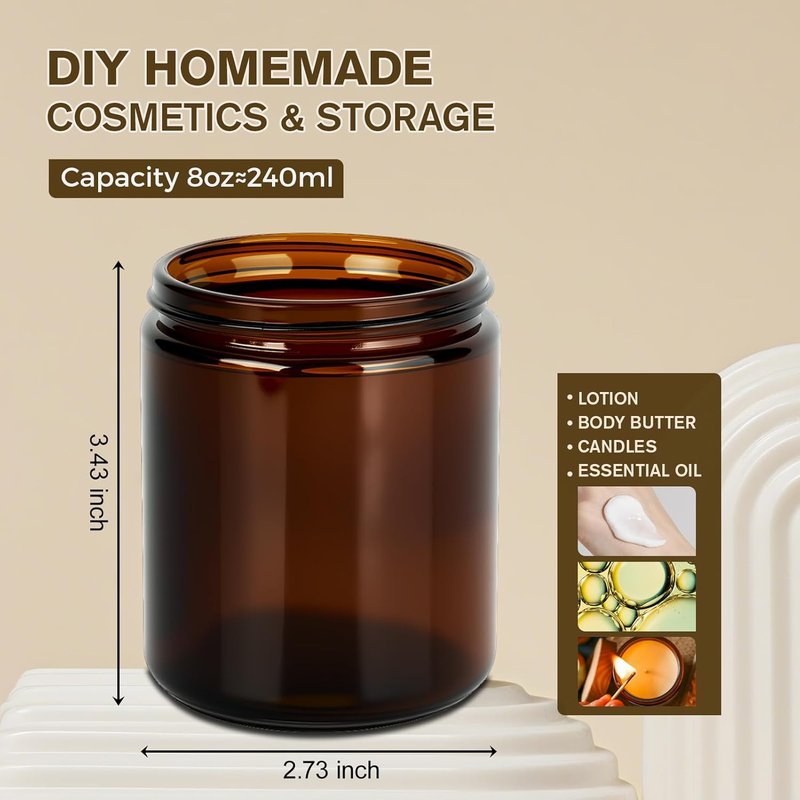 Amber Glass Jars - 8oz Airtight Storage Containers for Candle Making, Cosmetics, Spices | 12-Pack with Black Lids