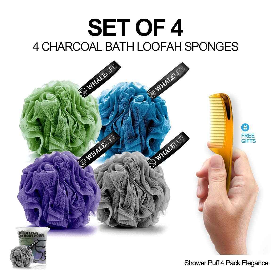 Shower Caps 4 Pack Black and Elegance Bath Sponge 4 Pack Shower Loofahs Mesh Pouf and Double Large Waterproof Bath Caps for Hair