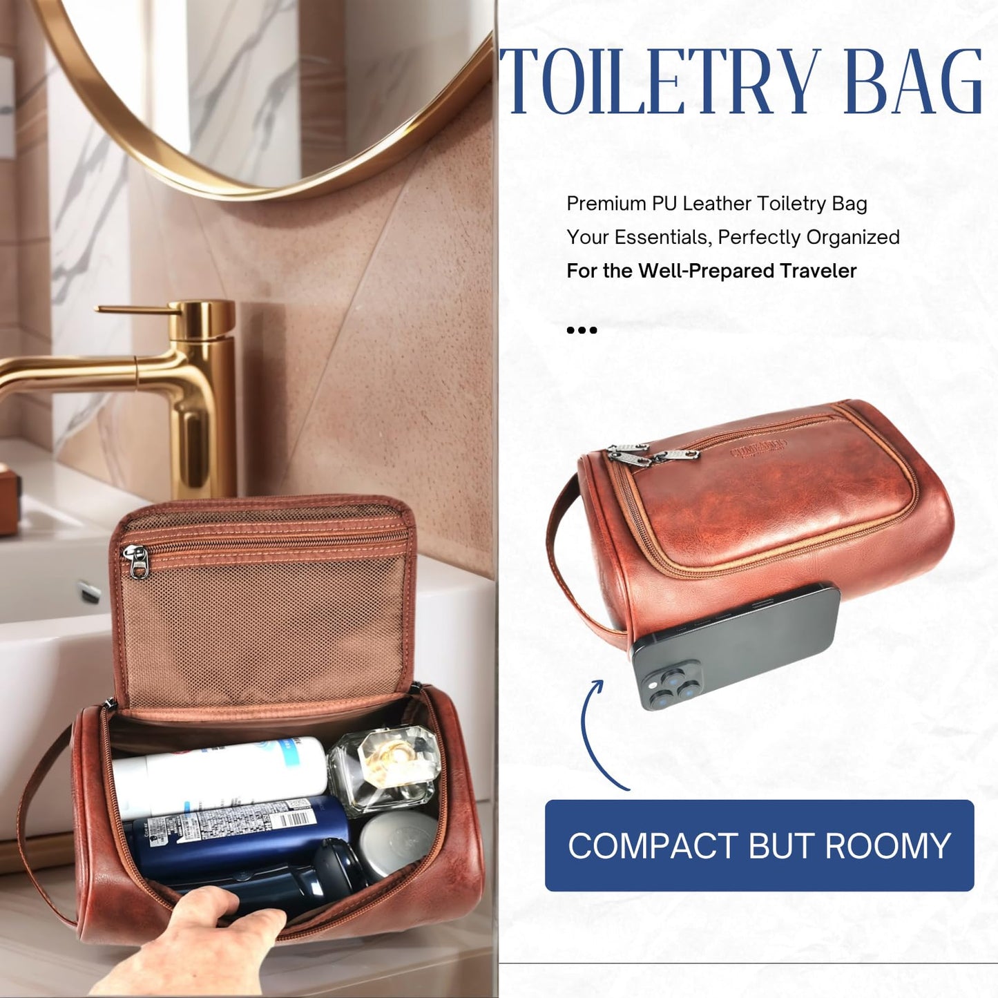 Cumbanho Mens Toiletry Bag,Compact Dopp Kit for Men Travel, PU Leather Shaving Kit, Water-Resistant Minimalist Organizer with Wrist Strap, Travel Toiletry Bag, Gift for Men,Large 10x6.5x4 Mocha Brown