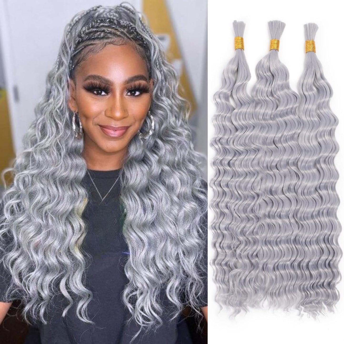 Xddnamei Curly Grey Deep Wave Bulk Human Hair for Braiding 2 Bundles Total 100g 22 Inch Grey No Weft Braiding Hair Brazilian Virgin Deep Wave Human Hair Extensions for Boho Braids