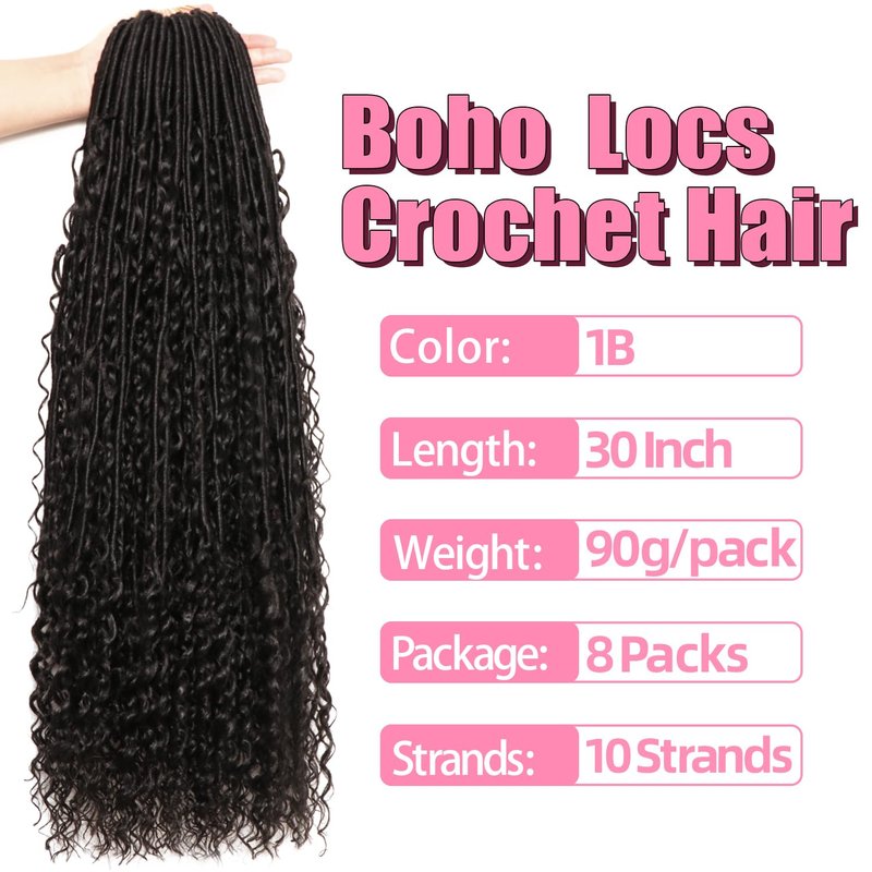 Goddess Faux Locs Crochet Hair - Soft Boho Locs for Black Women | 30 Inch, 8 Packs, Curly Ends (1B)