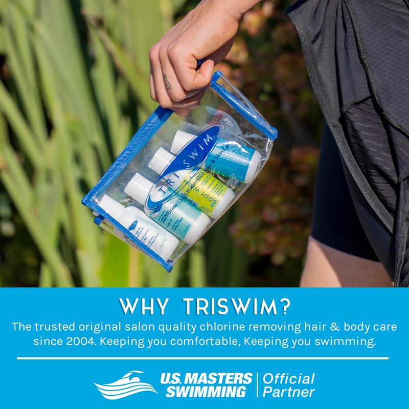 TRISWIM Shot Set in Travel Bag | 2oz Travel Size Chlorine Removal Shampoo, Swimmer’s Conditioner, Swim Body Wash and Lotion | Removes Chlorine, Bromine, Hard Water Minerals & Saltwater and odors