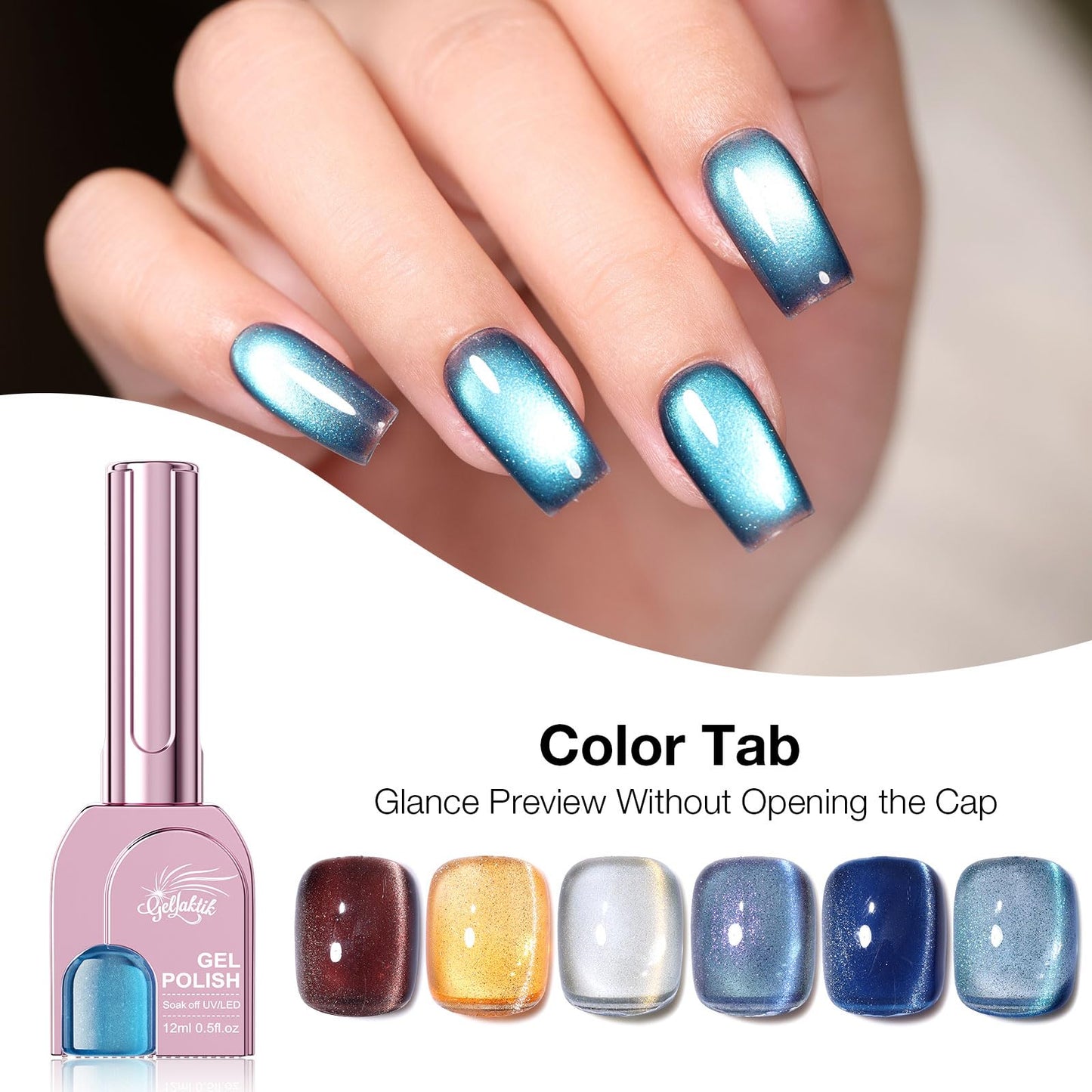 GELLAKTIK 9D Glassy Cat Eye Gel Nail Polish Set 6 Colors 12ML with Magnet