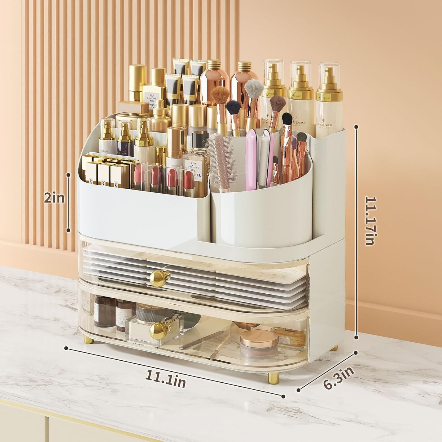 Makeup Organizer for Vanity - Large Rotating Cosmetic Organizer with Drawers | White Countertop Storage for Skincare, Perfume, Lipsticks, Nail Polish