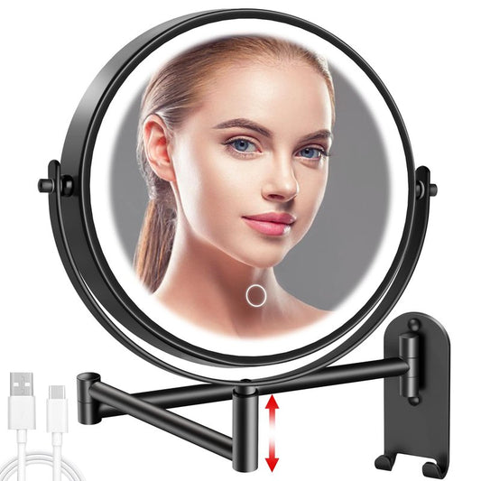 8" Wall Mounted Lighted Makeup Mirror, 3000mAh Rechargeable Double Sided 1X/10X Magnifying Mirror with Hook, 3 Color Lights Touch Dimmable 360° Rotation Vanity Mirror for Bathroom (Black)