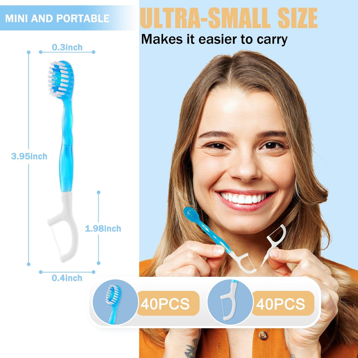40 Individually Packaged Disposable Travel Toothbrushes with Fresh Beads, 5-in-1 Convenient Mini Disposable Toothbrush (Toothbrush + Fresh Beads + Tongue Scraper + Dental Floss + Pick)