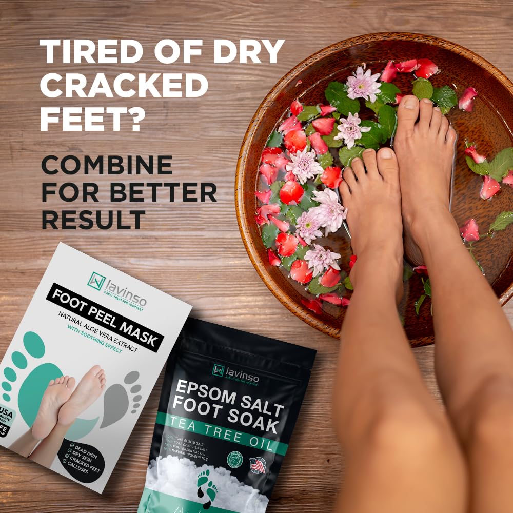 Lavinso Foot Peel Mask | Tea Tree Soak Care Kit for Dry, Cracked Feet - Removes Dead Skin & Calluses (1 lb)