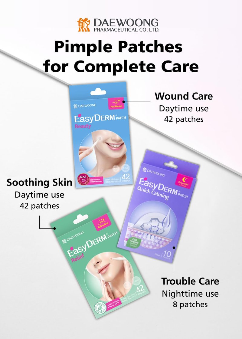 EasyDerm 3 types of pimple patches - Quick Calming(10ea), Relief Cover Patches(42 counts), Original Hydrocolloid Patches(42 counts)
