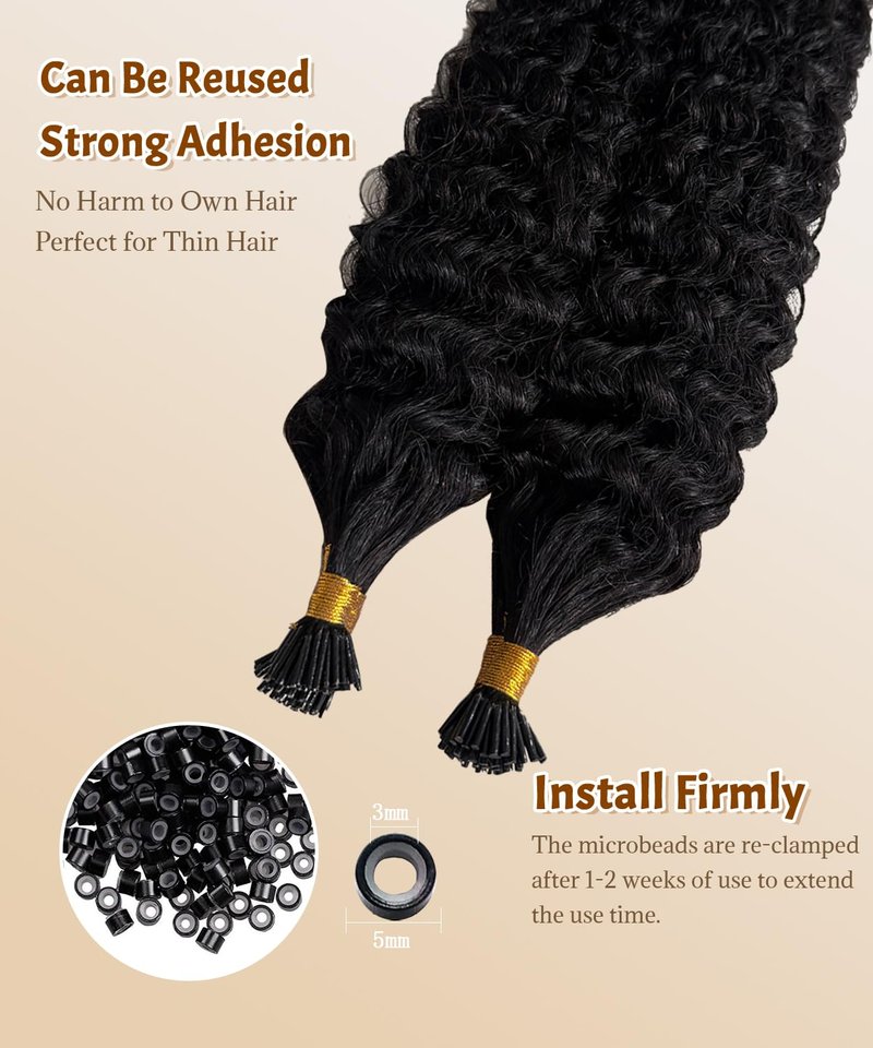 Water Wave I-Tip Hair Extensions - Human Hair Microlinks for Natural Blends | 50g, 20 Inch, Black