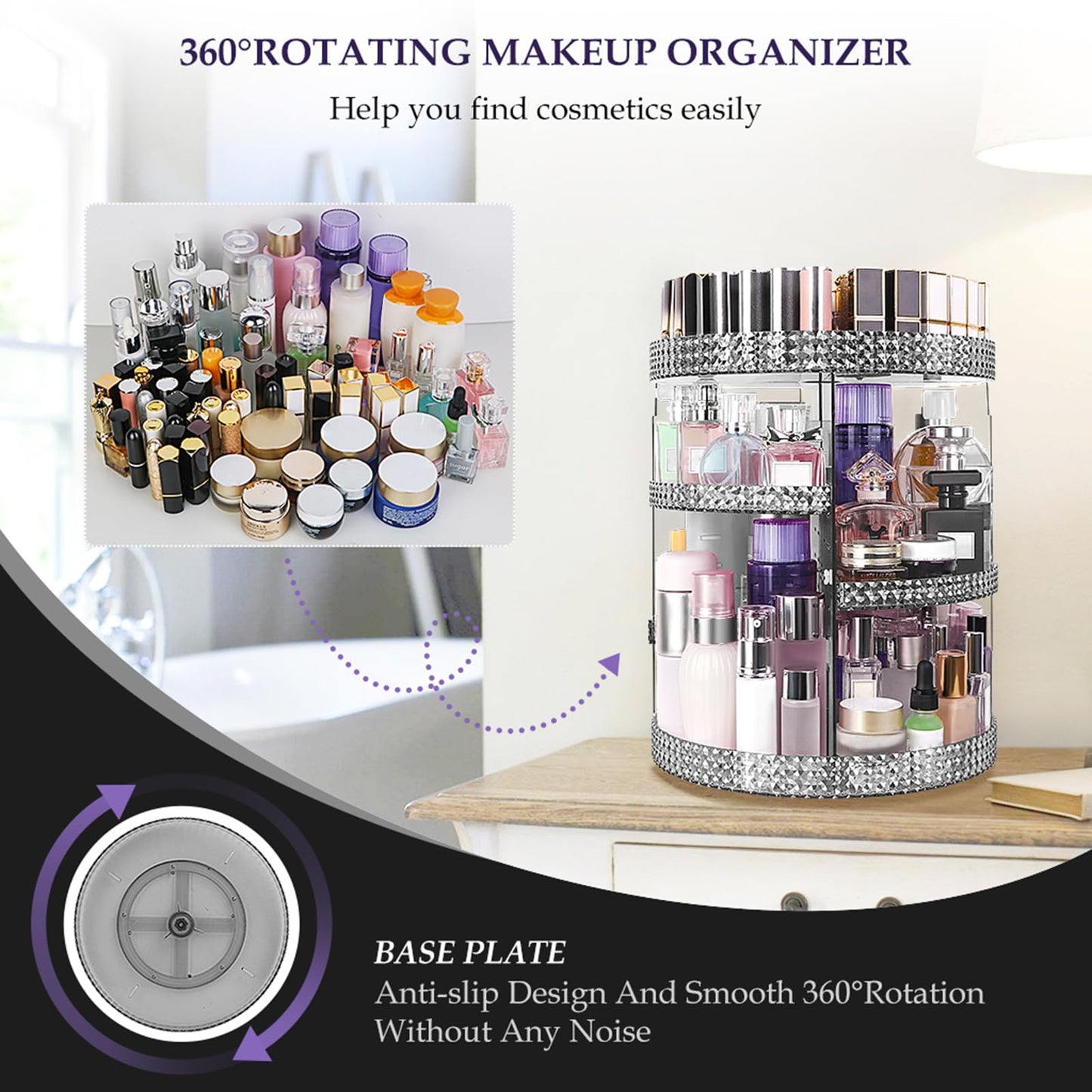 HEMTROY 360 Degree Rotating Makeup Organizer, Extra Large Capacity Cosmetic Storage Unit, Removable DIY 7 Layers Skincare Organizer, Acrylic Beauty Perfume Organizer for Vanity Countertop (Gray)