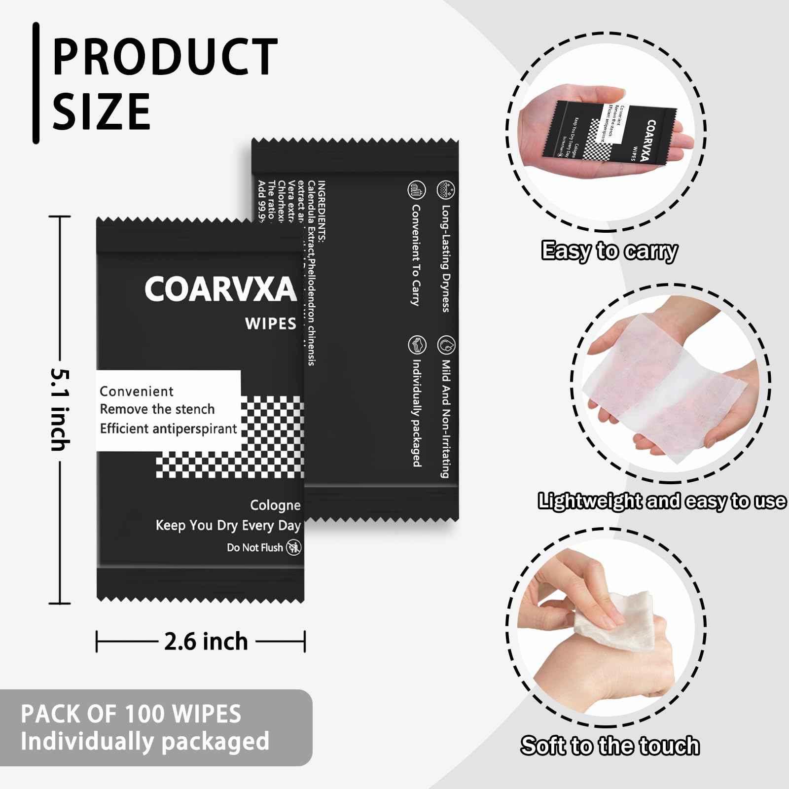 COARVXA Black Cologne Body Wipes 100 pieces of Fresh deodorant Wipes And Travel To Clean Skin And Travel Deodorant Individually Wrap Hypoallergenic Mini Deodorant For Female Male Teenagers