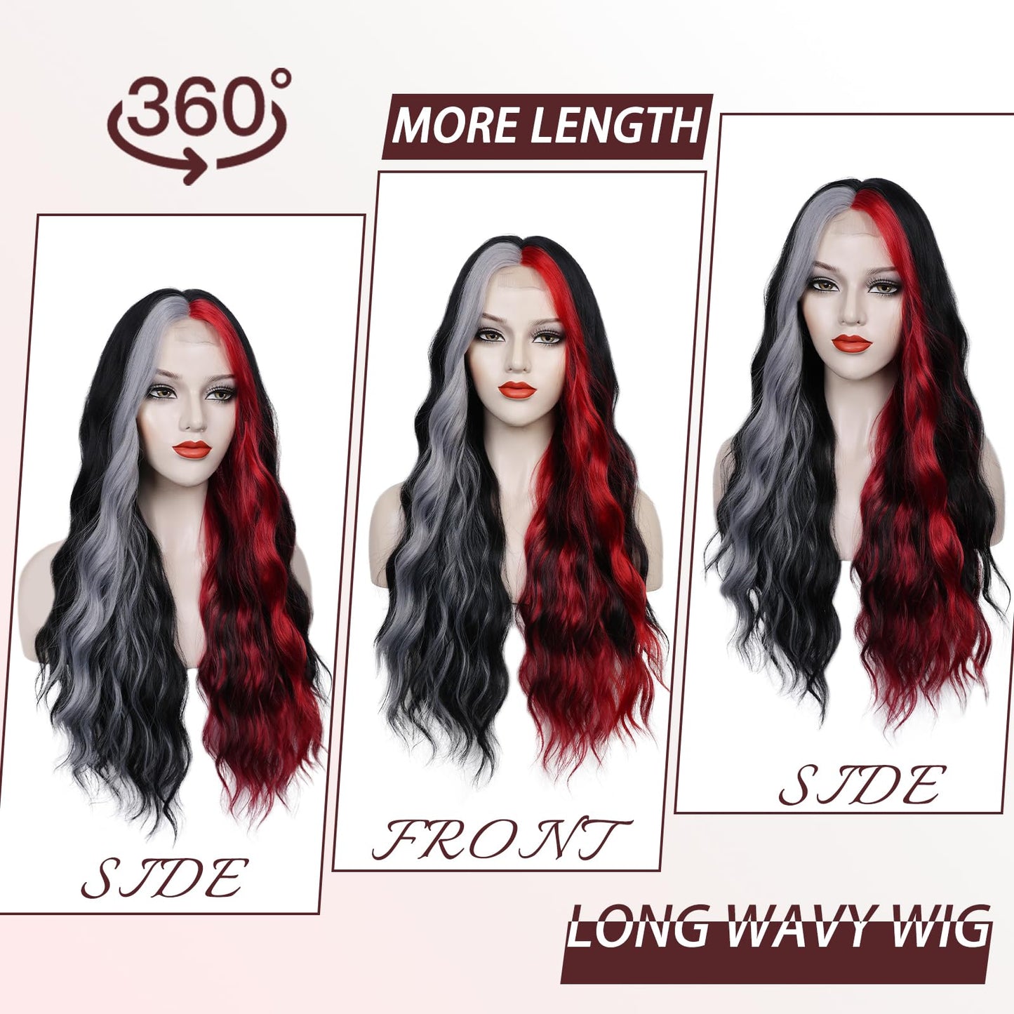 WECAN Black Red Gray Wig 28 Inches Long Black Red Wavy Wigs For Women Synthetic Hair Replacement Wigs Halloween Cosplay Daily Party Heat-Resistant Fiber Wig