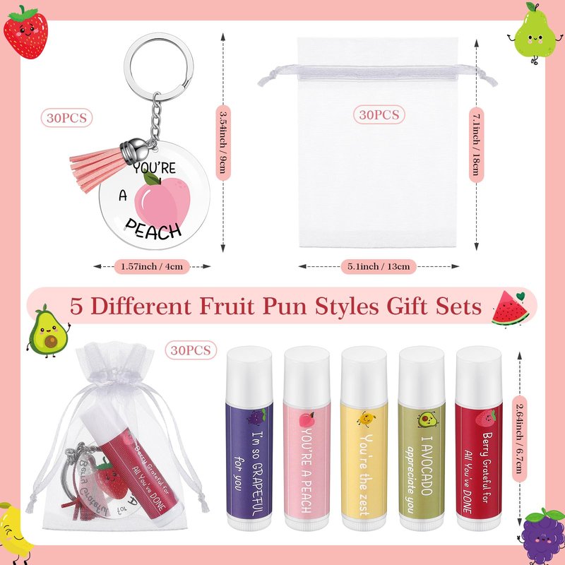 Loetere 30 Sets Moisturizing Lip Balms Bulk Employee Appreciation Gifts with Fruit Pun Keychains and Organza Bags for Coworker Teacher Appreciation Thank You Gifts