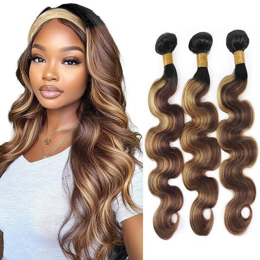 Niciitysi T1BP4/27 Highlight Body Wave Bundles Human Hair Ombre Three Tone Blonde Mixed With Brown Wet and Wavy Bundles Double Weft Brazilian Hair Extensions for Women 10 12 14 inch