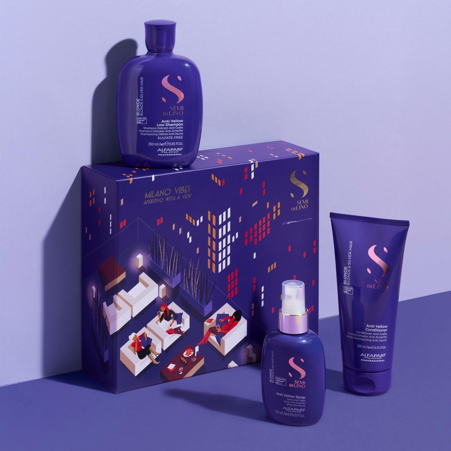 Alfaparf Milano Semi di Lino Gift Set for Blonde and Silver Hair - Anti-Yellow Sulfate Free Shampoo, Conditioner and Leave-In Spray Toner - Neutralizes Unwanted Yellow Tones