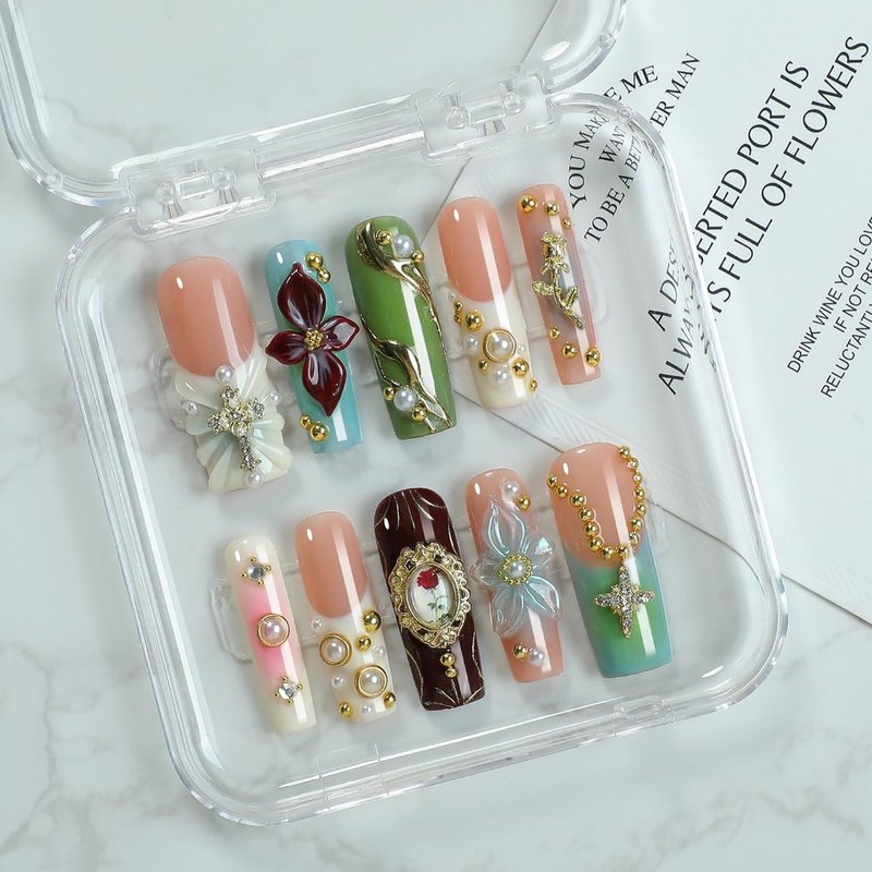 Handmade Press on Nails Long Square Fake Nails Luxury Pearl Rhinestone & 3D Flower Art Designs Salon Quality Acrylic Nails French Tip Gold Rose Steel Ball False Nails Stick on Nail for Women（Size M)