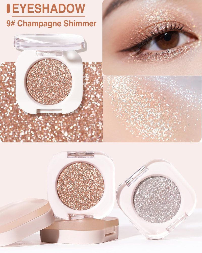 Enfuntins 2 Pcs Glitter Eyeshadow Single, Ultra-Fine Sparkling Diamond Shimmer, Long-Lasting Sheer Eye Makeup, Crease-Proof & Buildable Eye Shadow Topper, Gold & Brown Champagne