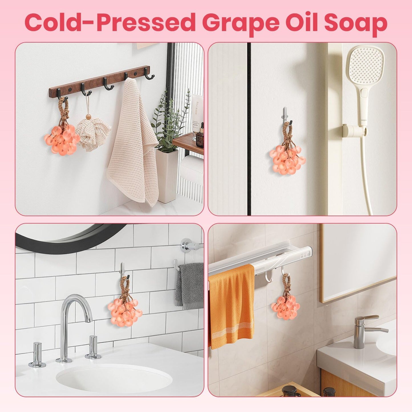 JHZHONG Grape Soap on a Rope, Handmade Grape Cluster Shape Soap Bar, Unique Decorative Bath Soap, Aromatic Hand Wash Gift for Home Decor, Men & Women (1, Pink)
