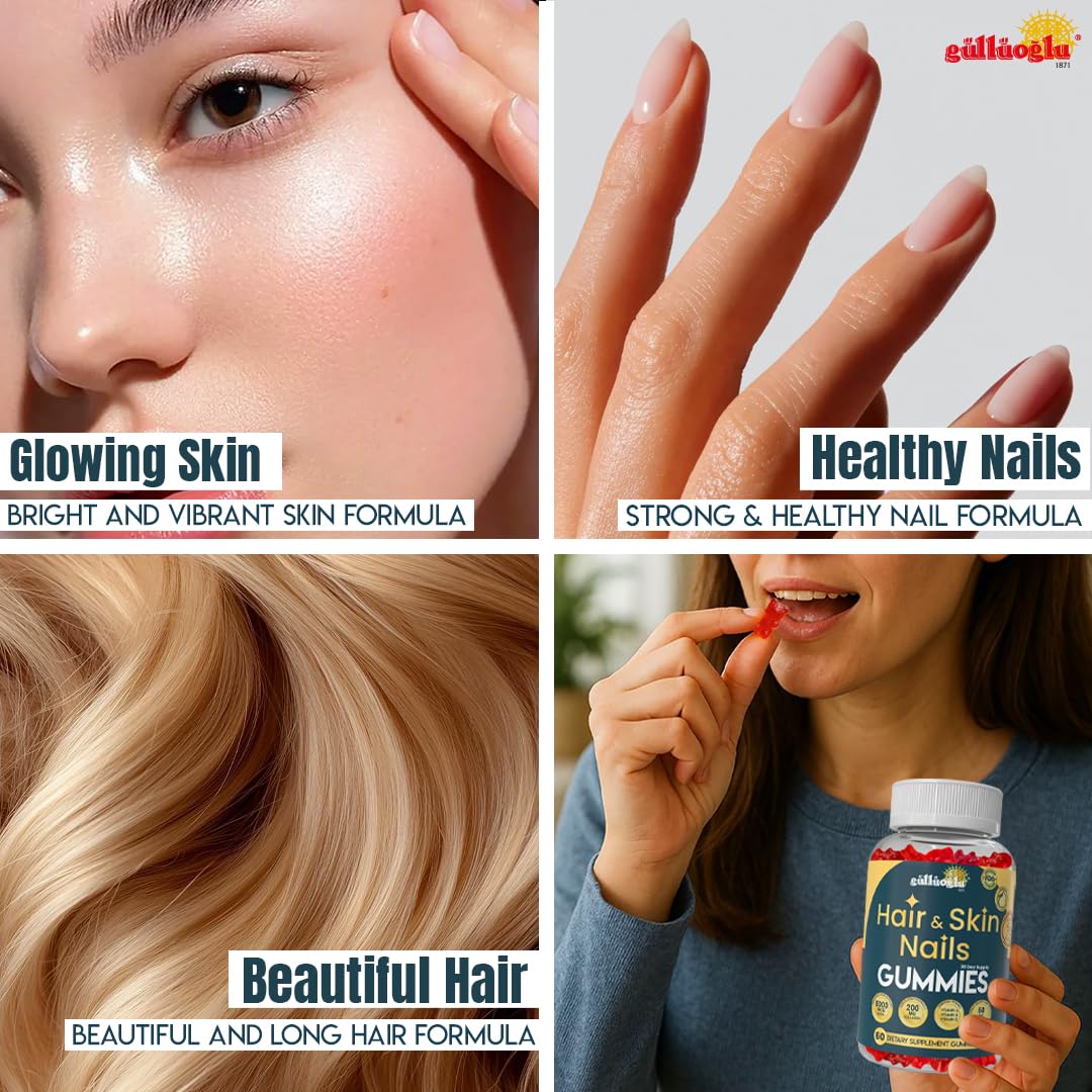 GÜLLÜOGLU Hair, Skin & Nails Gummies Sugar-Free – Biotin 5000 mcg, Collagen 200 mg & Keratin 50 mg –Vitamins A, C, D, E – Gluten-Free, Non-GMO, for Men and Women 60 Strawberry Flavor Gummies